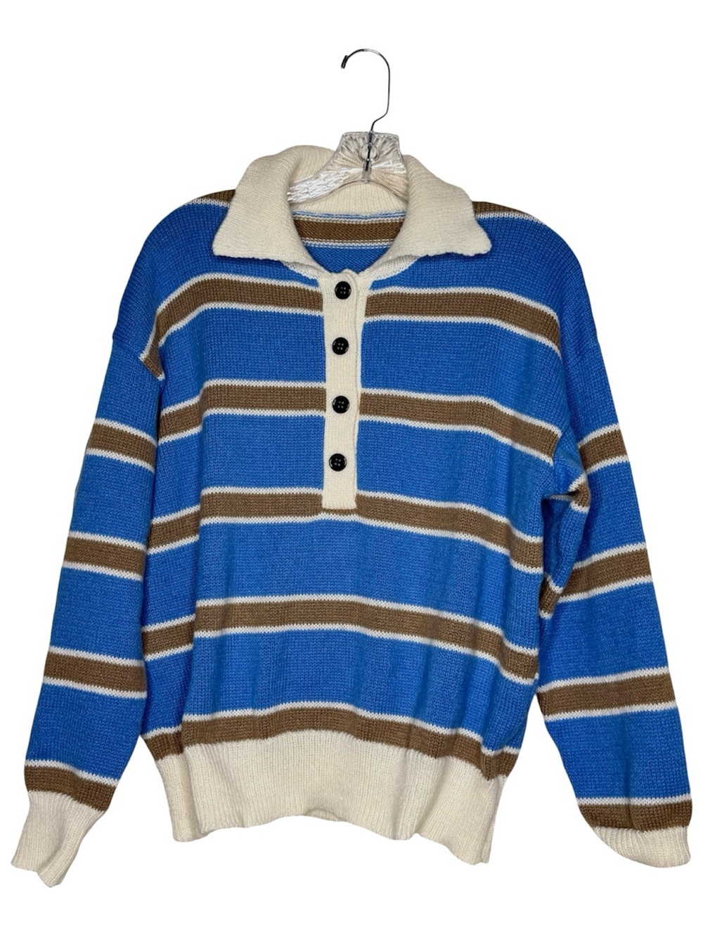 Boutique Blue Striped Collared Knit Sweater Women's S Oversized Polo Pullover - Picture 6 of 9